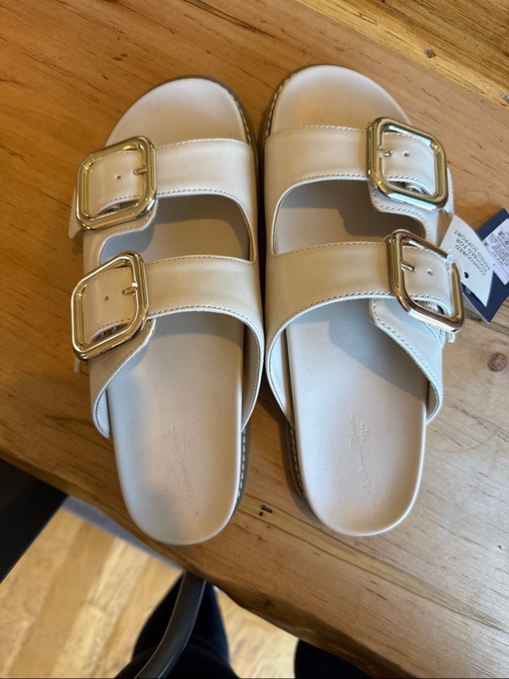Universal Thread Cream Double-Buckle Slide Sandals with Gold Buckles